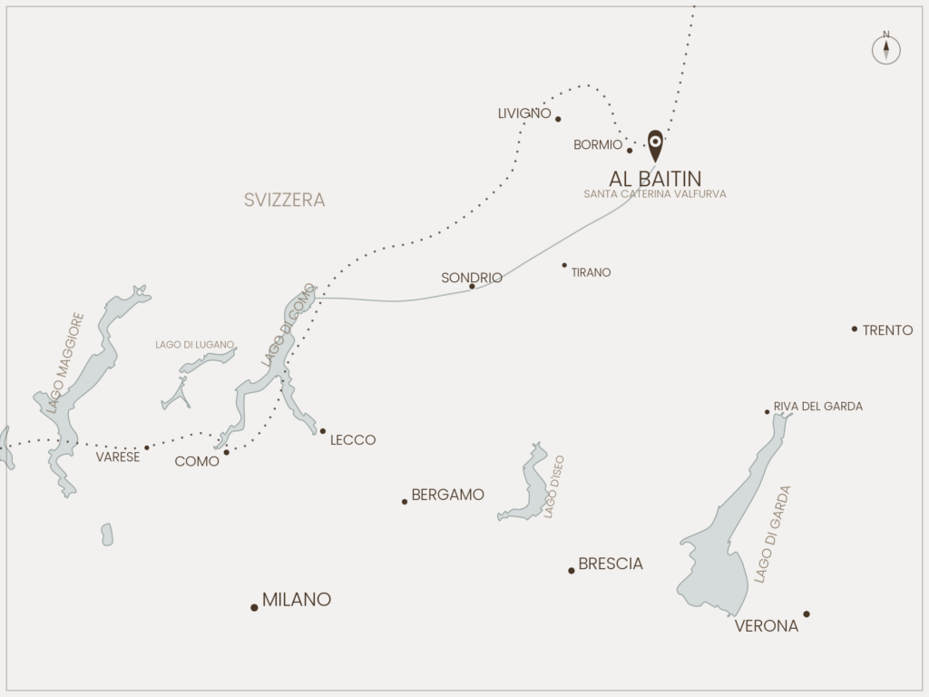 mappa della valtellina e lombardia con indicata la posizione del Baitin a Santa Caterina Valfurva